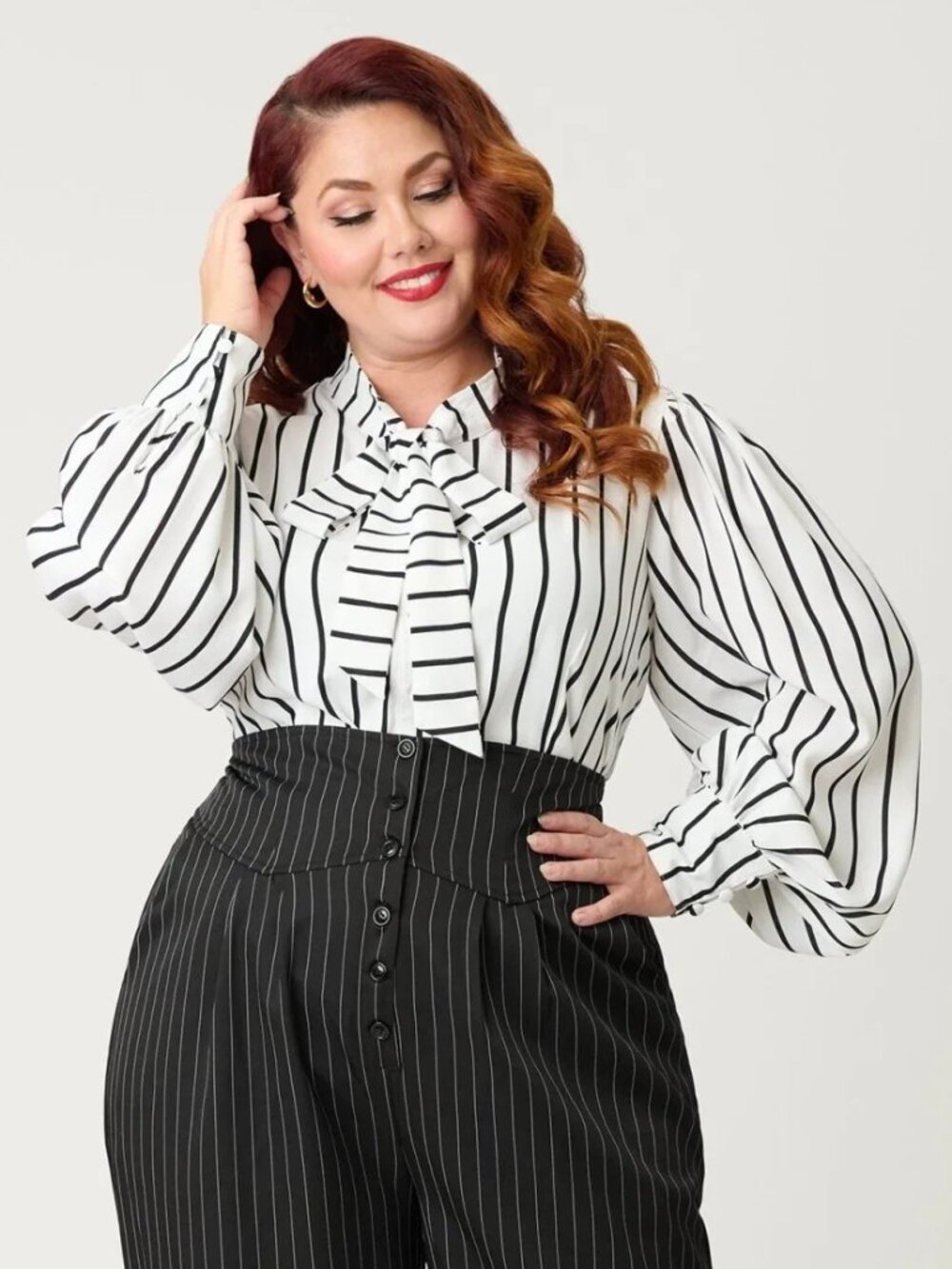 NWOT! Unique Vintage Black/White Striped Balloon Sleeve Blouse